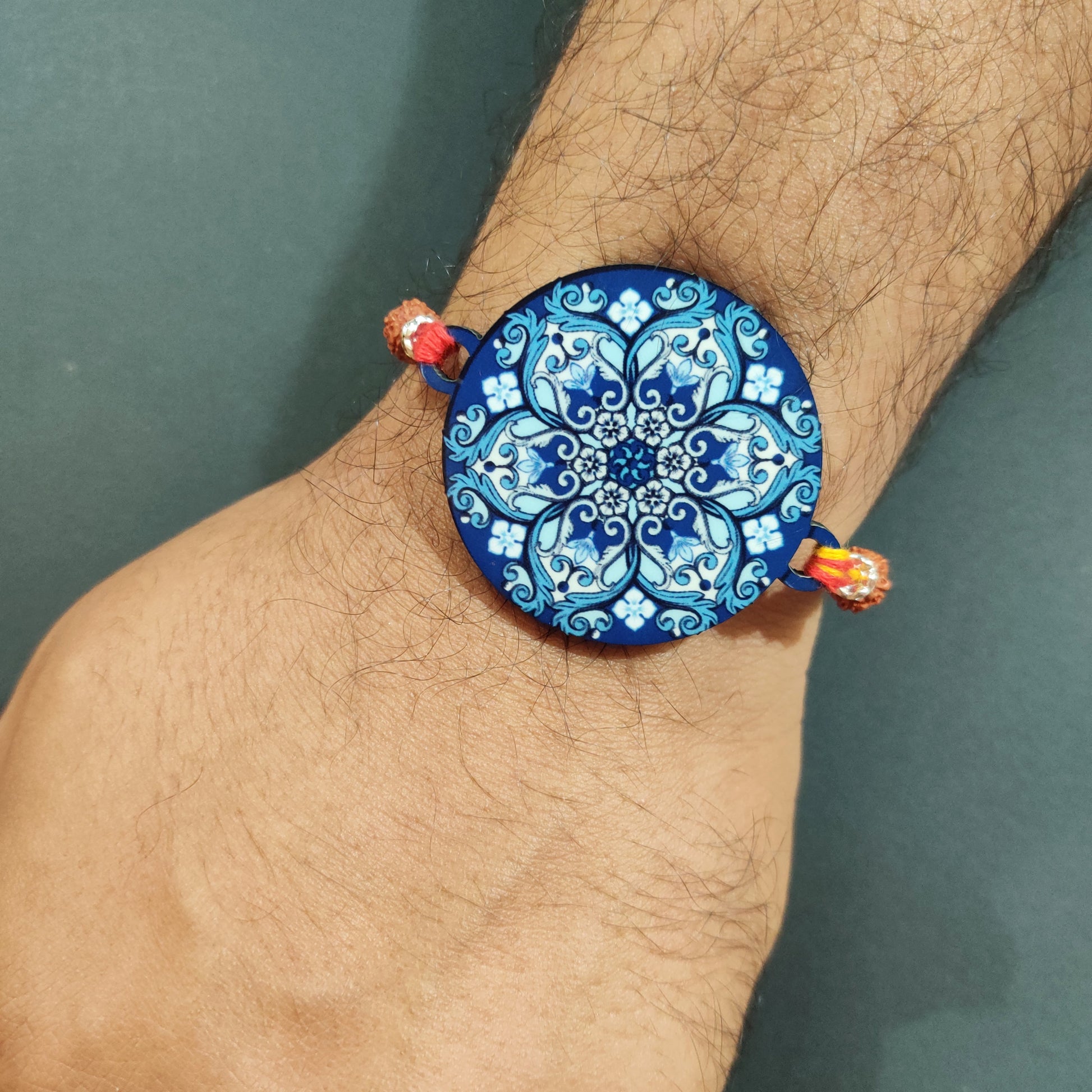 Indianvibez Ethnic Mandala Wooden Rakhi with Rudraksha, Divine Rakhi for Brother| - Kids Rakhi - Swadesiicart