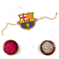 Indianvibez FC Barcelona Wooden Rakhi with Rudraksha, Barca Rakhi for Bro, Shop India - Kids Rakhi - Swadesiicart