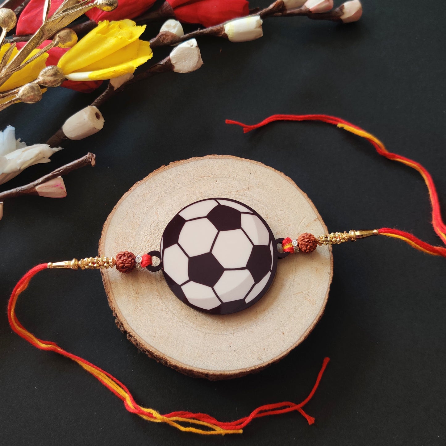Indianvibez Football Wooden Rakhi with Rudraksha, Soccer Rakhi for Bro, Shop India - Kids Rakhi - Swadesiicart