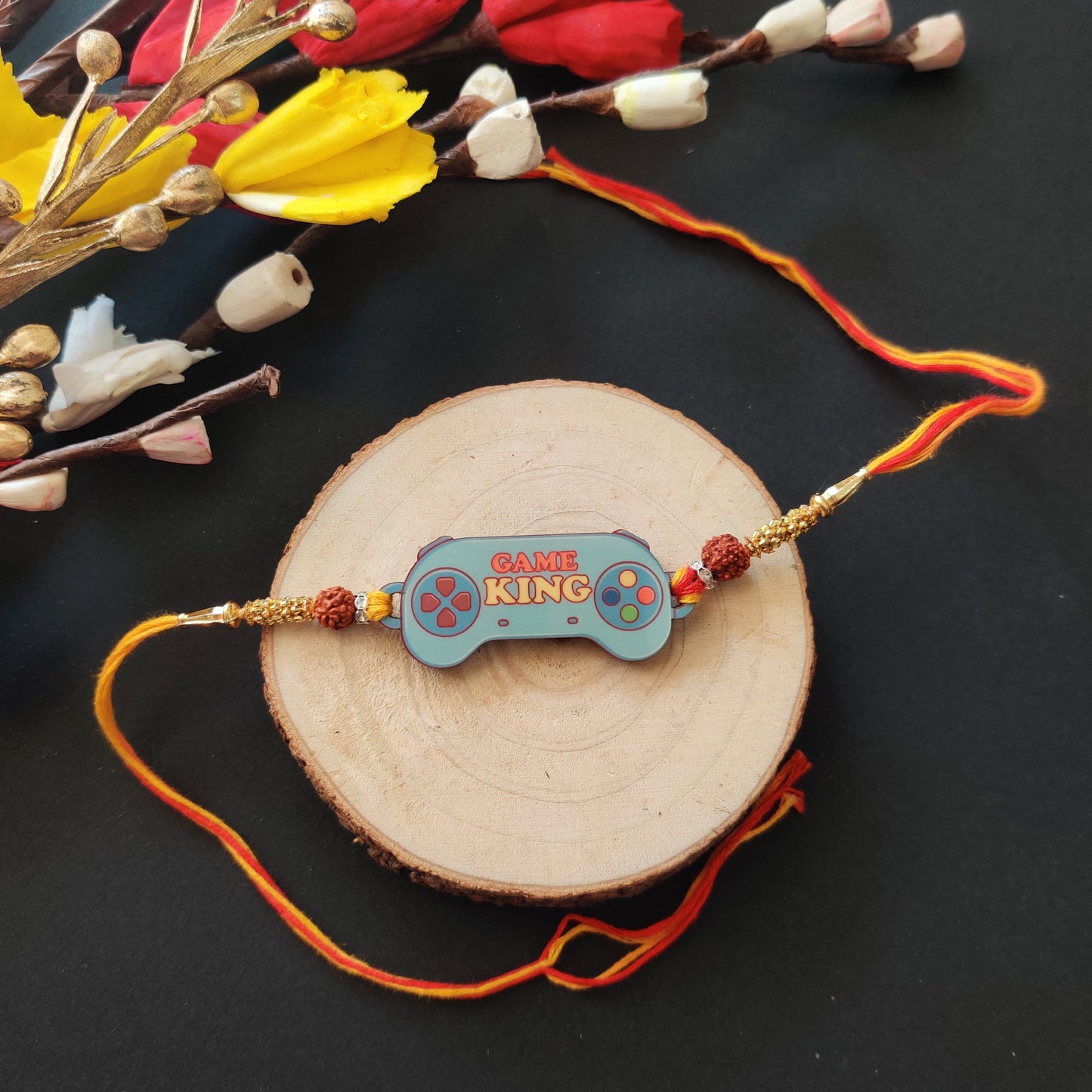 Indianvibez Gamer King Bhai Wooden Rakhi with Rudraksha, Gaming Rakhi for Bro, Shop India - Kids Rakhi - Swadesiicart