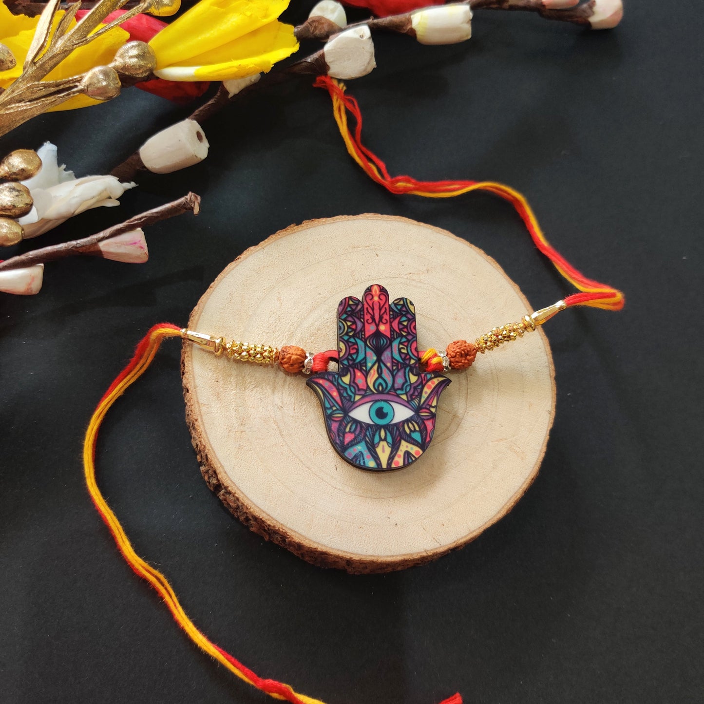 Indianvibez Protective Hamsa Rakhi, Wooden Rakhi with Rudraksha Thread - Kids Rakhi - Swadesiicart