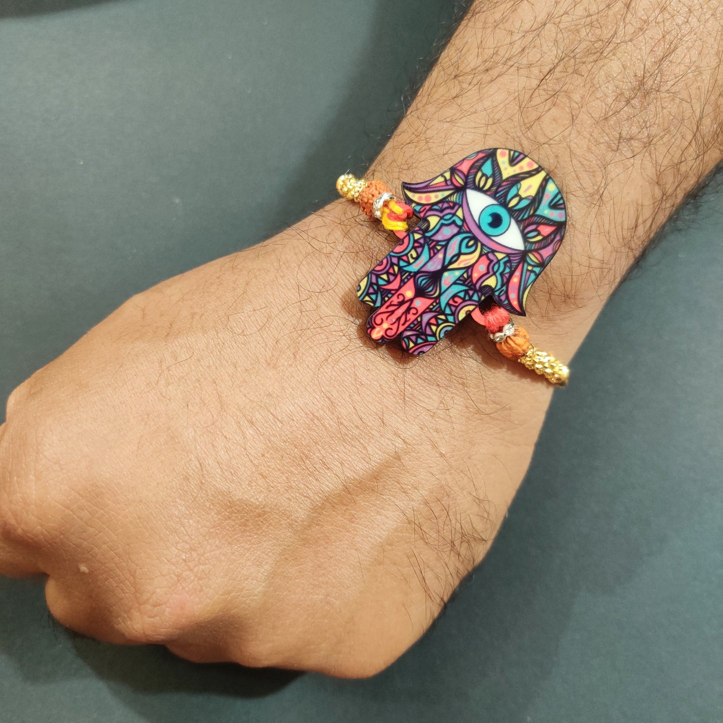 Indianvibez Protective Hamsa Rakhi, Wooden Rakhi with Rudraksha Thread - Kids Rakhi - Swadesiicart