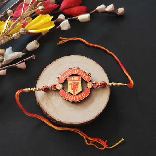 Indianvibez Manchester United Wooden Rakhi with Rudraksha, Football Rakhi for Bro, Shop India - Kids Rakhi - Swadesiicart