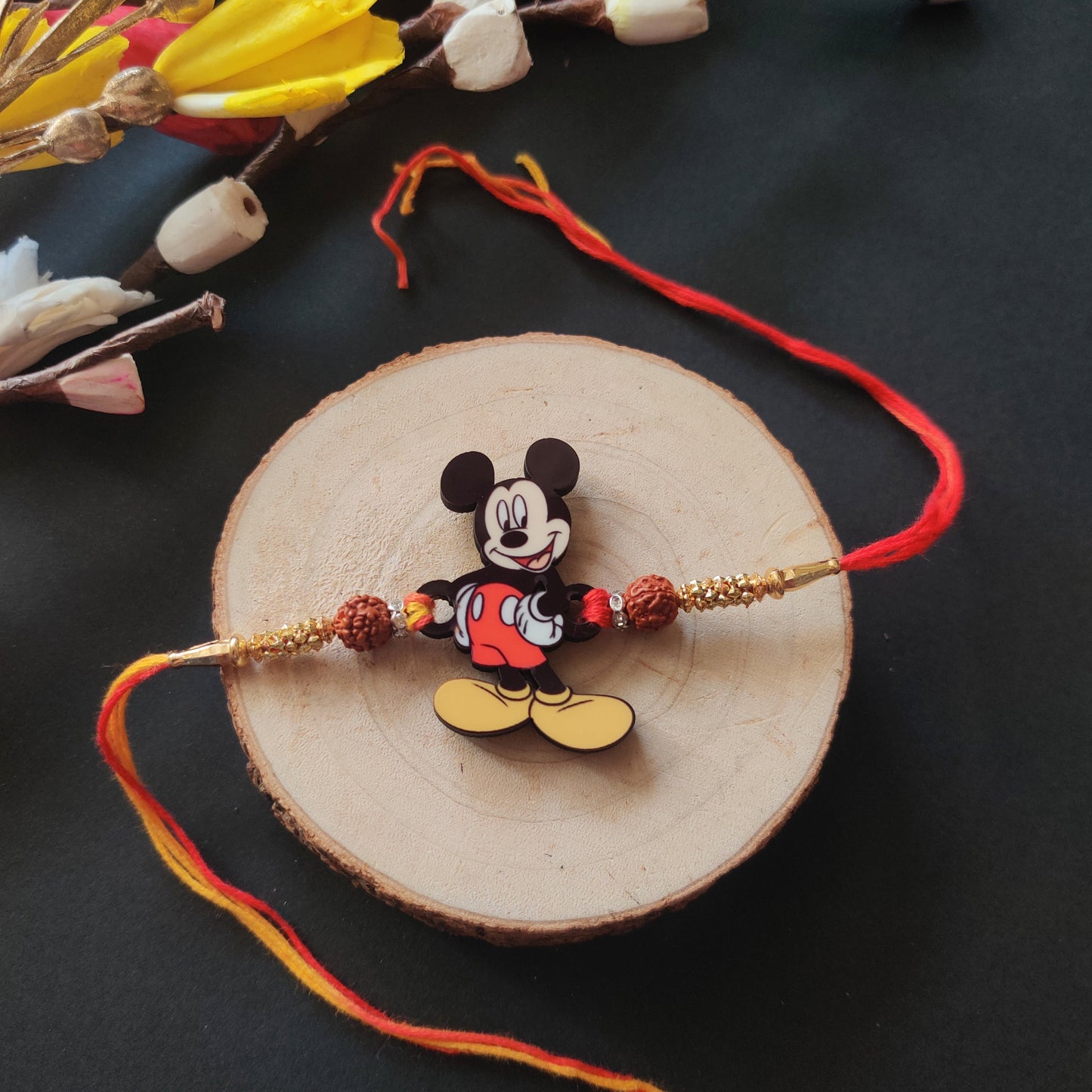 Indianvibez Mickey Wooden Rakhi with Rudraksha, Cartoon Rakhi for Brother, Shop India - Kids Rakhi - Swadesiicart