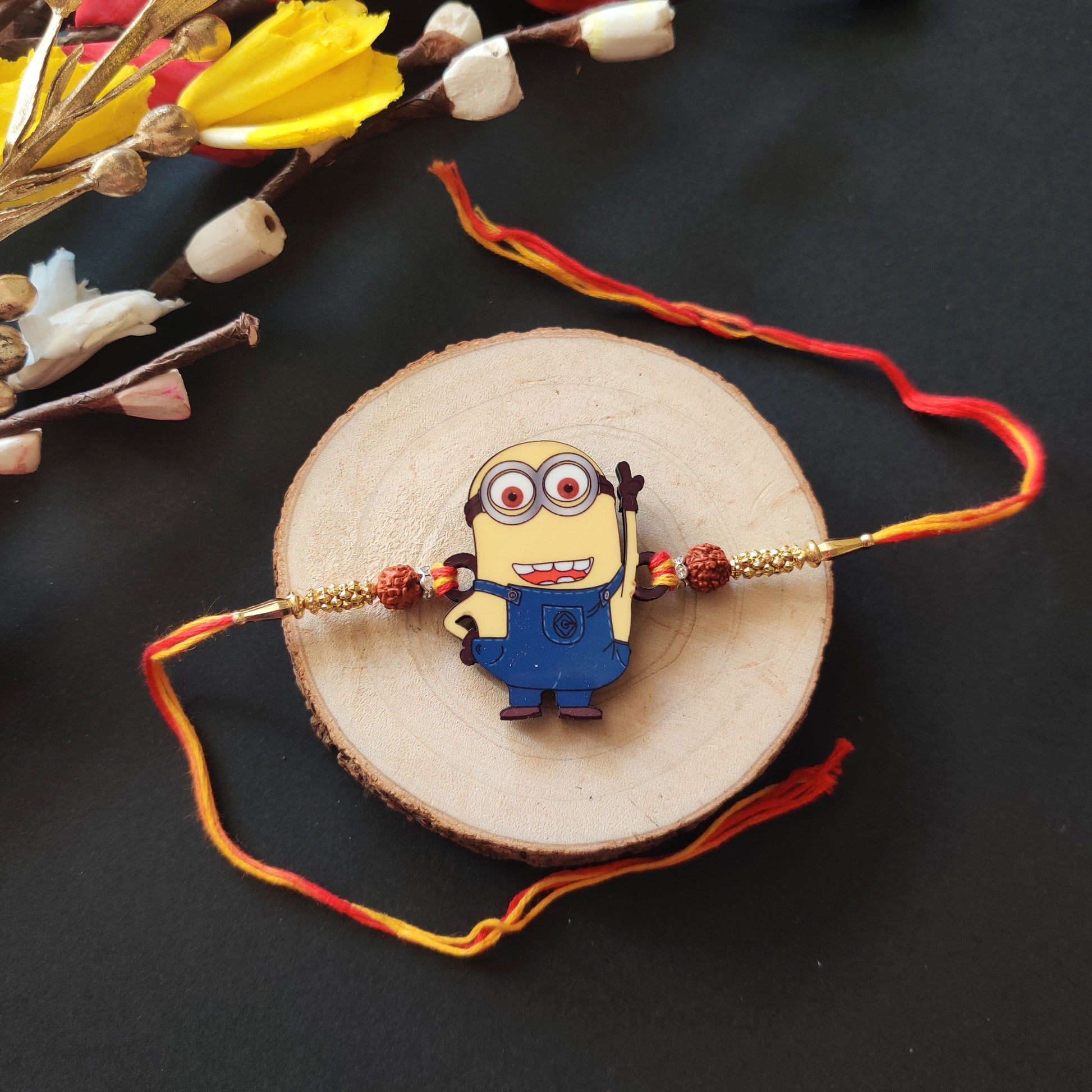 Indianvibez Minion Wooden Rakhi with Rudraksha, Funny Rakhi for Bro, Shop India - Kids Rakhi - Swadesiicart