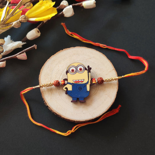 Indianvibez Minion Wooden Rakhi with Rudraksha, Funny Rakhi for Bro, Shop India - Kids Rakhi - Swadesiicart