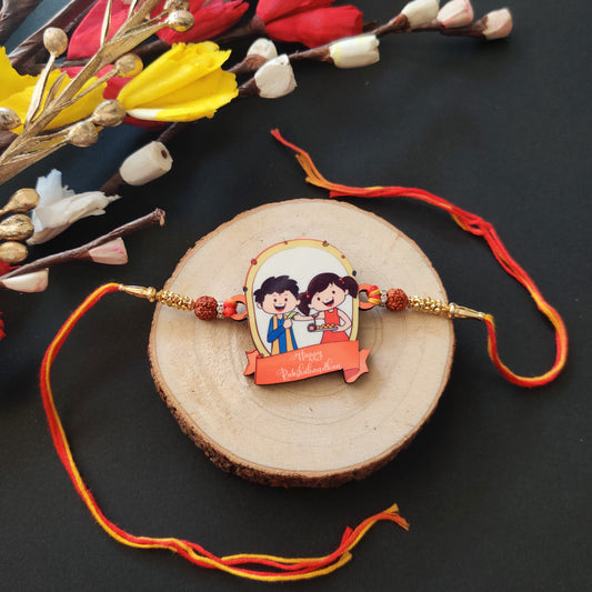 Indianvibez Happy Rakshabandhan Wooden Rakhi with Rudraksha, Traditional Rakhi for Brother, Shop India - Kids Rakhi - Swadesiicart