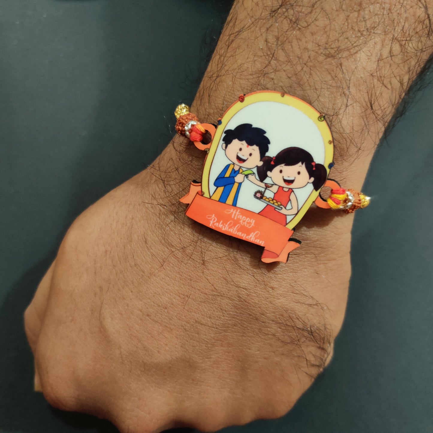 Indianvibez Happy Rakshabandhan Wooden Rakhi with Rudraksha, Traditional Rakhi for Brother, Shop India - Kids Rakhi - Swadesiicart