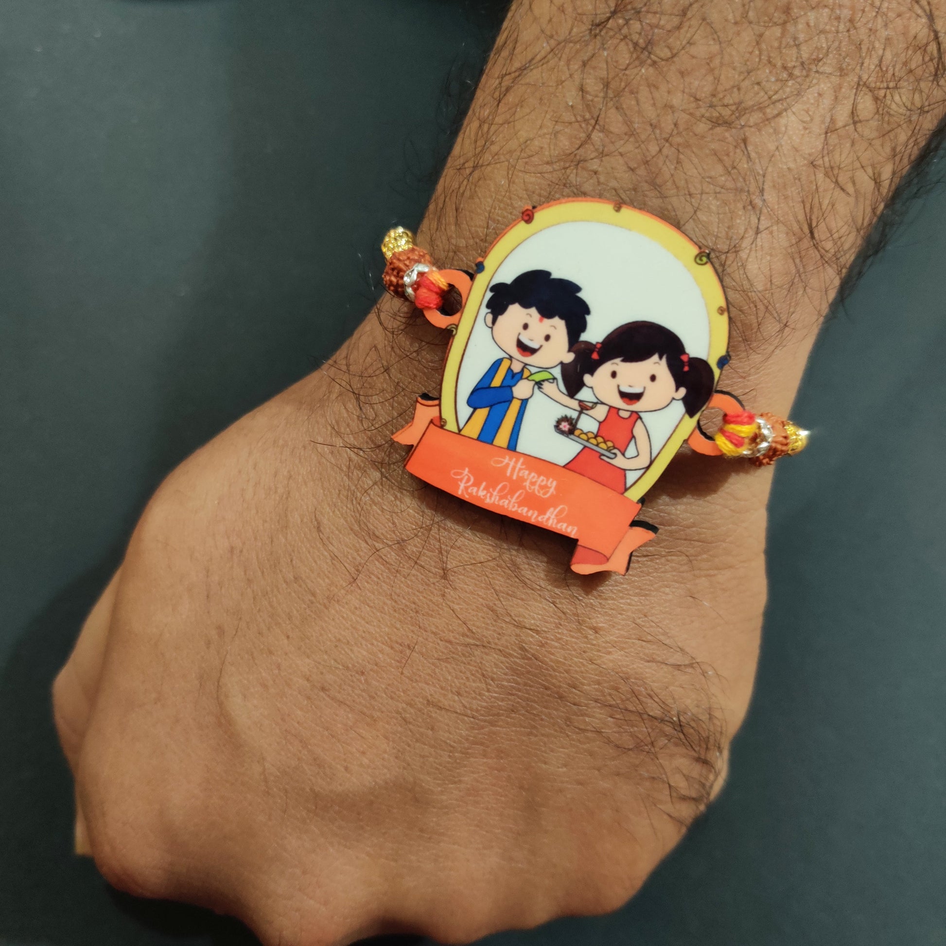 Indianvibez Happy Rakshabandhan Wooden Rakhi with Rudraksha, Traditional Rakhi for Brother, Shop India - Kids Rakhi - Swadesiicart