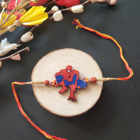 Indianvibez Spiderman Wooden Rakhi with Rudraksha, Superhero Rakhi for Kids & Bro, Shop India - Kids Rakhi - Swadesiicart