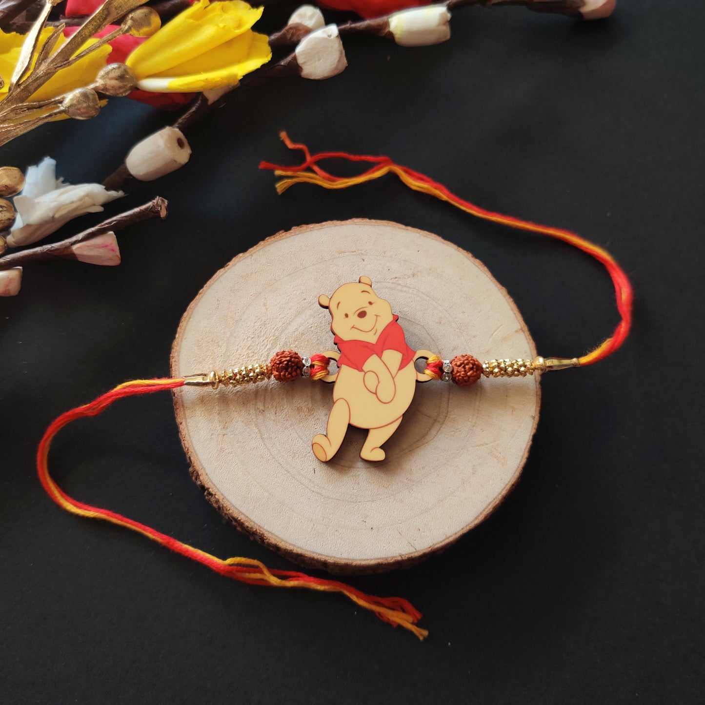 Indianvibez Winnie Pooh Wooden Rakhi with Rudraksha, Cute Rakhi for Brother, Shop India - Kids Rakhi - Swadesiicart