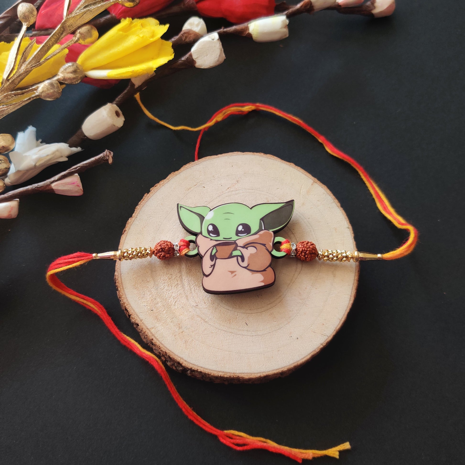 Indianvibez Yoda Wooden Rakhi with Rudraksha, Star Wars Rakhi for Bro, Shop India - Kids Rakhi - Swadesiicart