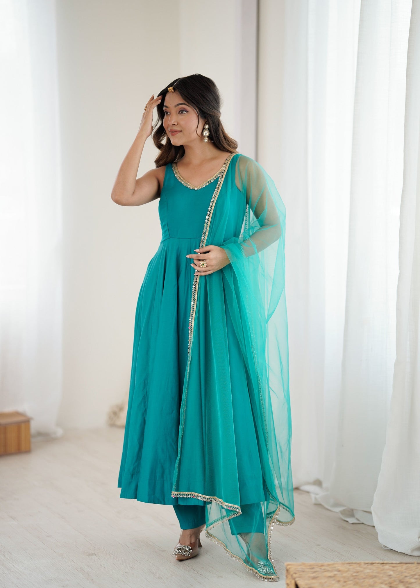 Lorenvalley Fashion Rama Pure Roman Silk Chanderi Fabric Yoke Fancy Lace Work Anarkali Kurta Pant With Dupatta Set - Swadesiicart