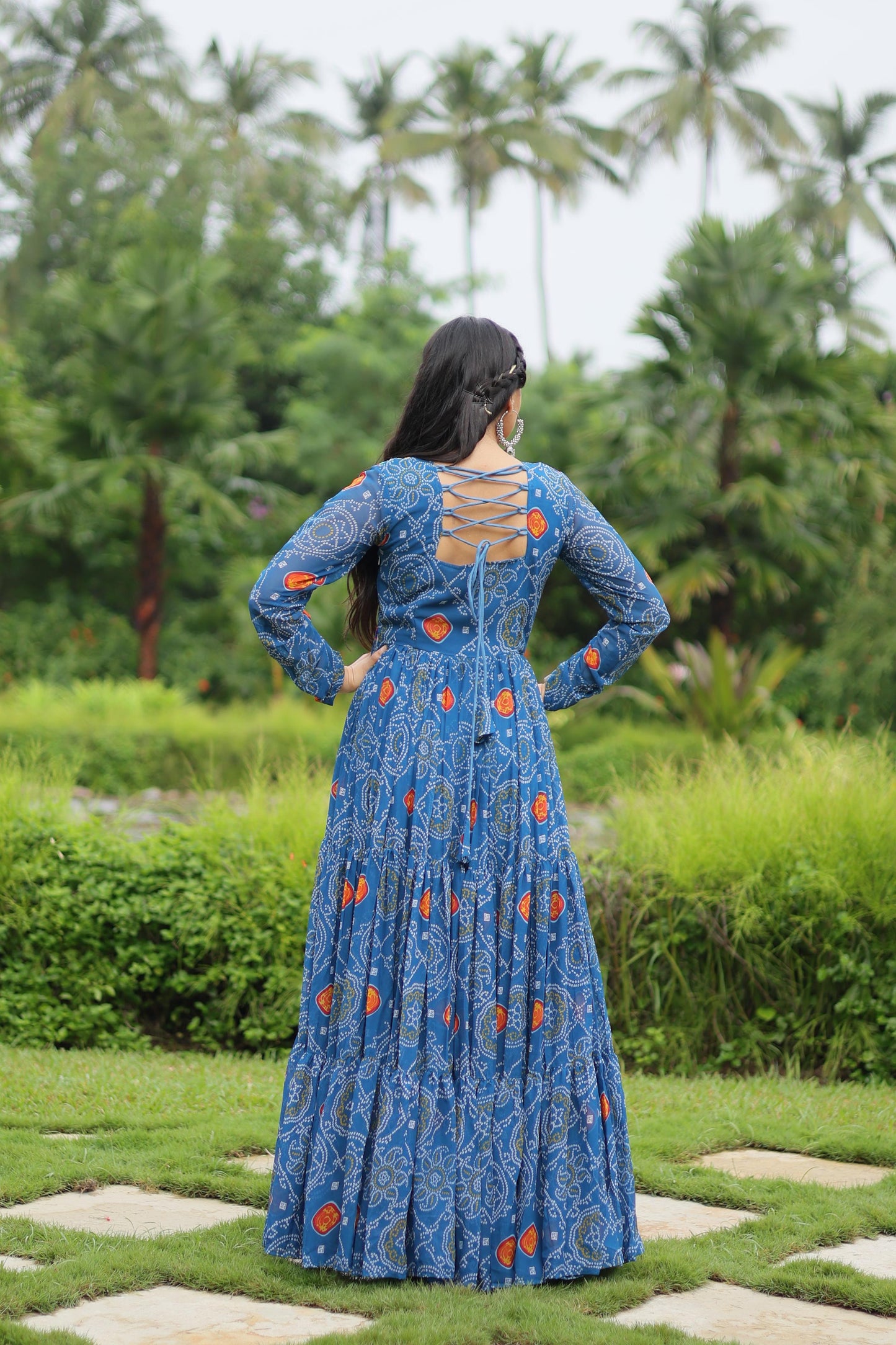 Lorenvalley Rama Faux Georgette Bandhani Print Work With Kutchi Patch Work Gown | Swadesiicart
