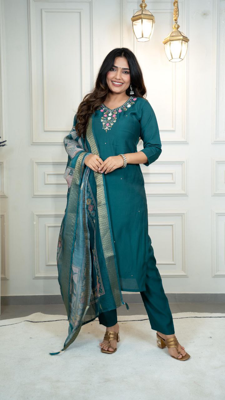 Lorenvalley Fashion Rama Roman Silk Hand Work Kurta Pant with Dupatta - Swadesiicart