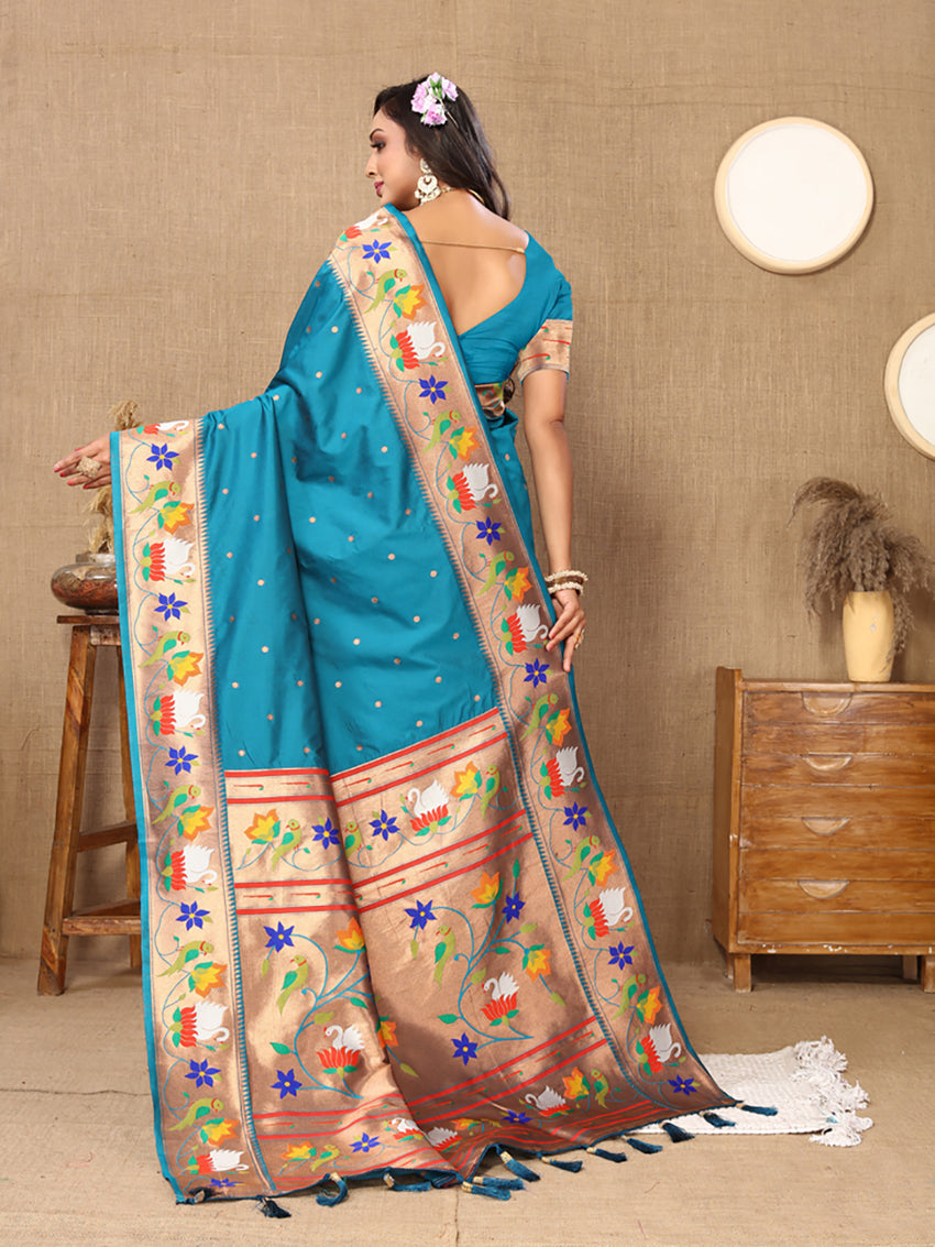 Lorenvalley Fashion Rama Soft Paithani Silk Woven Design Rich Zari Meenakari Weaving Saree - Swadesiicart