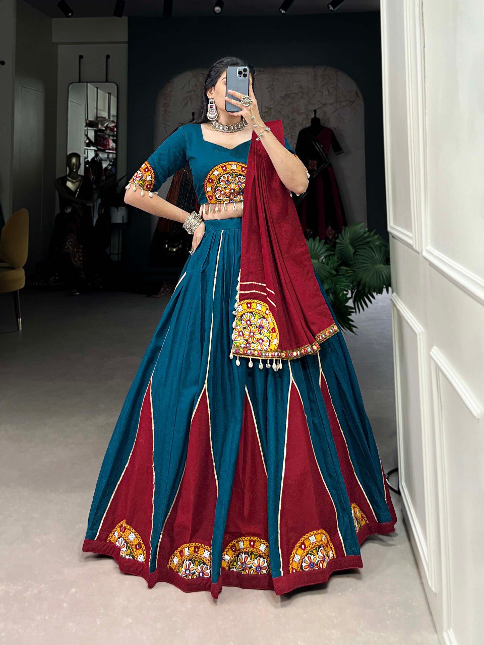 Lorenvalley Pure Cotton Rama Plain And Gamthi Patch Work With Gota Patti Lehenga Choli with Dupatta | Swadesiicart