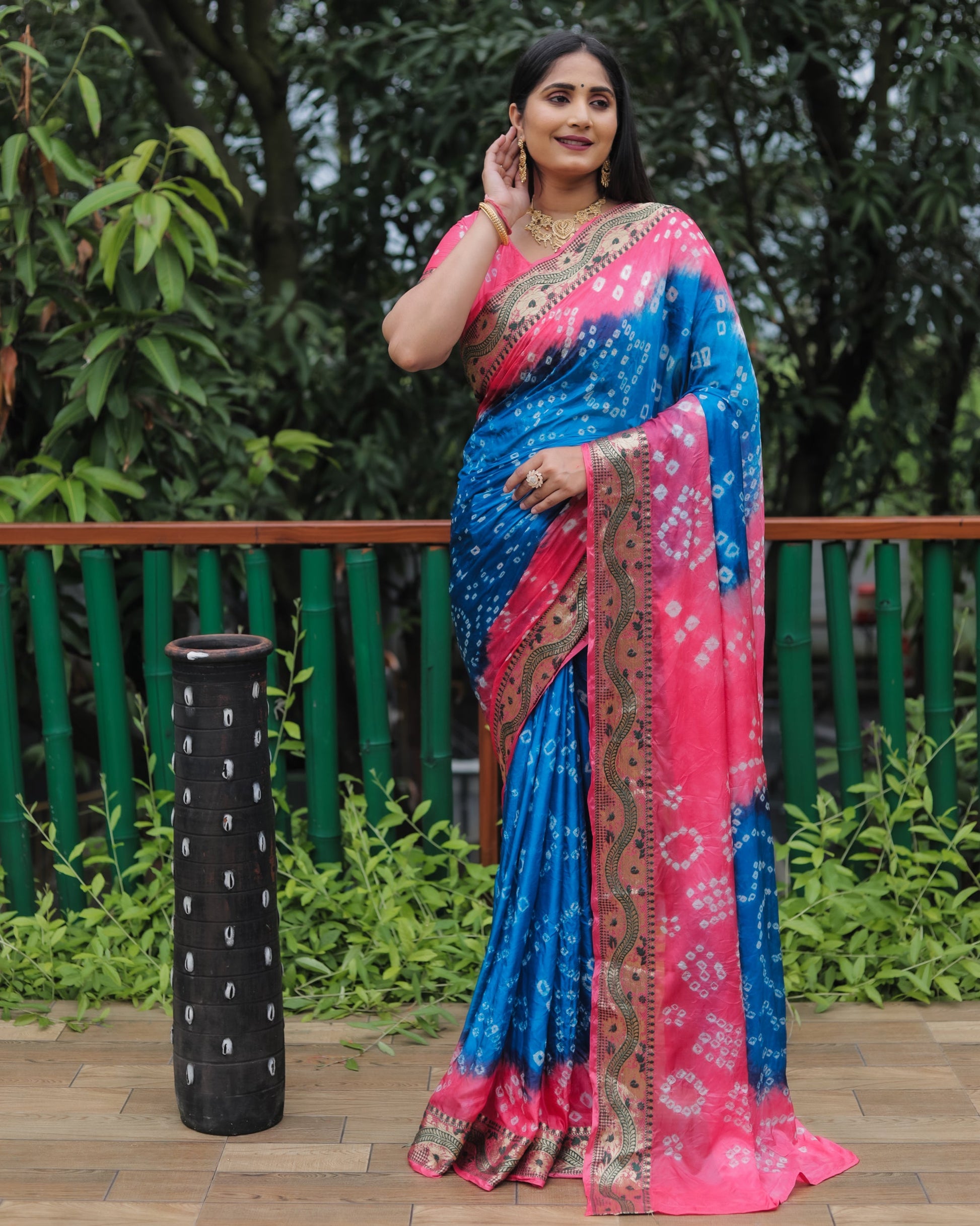 Lorenvalley Premium Pure Bandhej Tapeta Soft light weight silk saree with zari weaving Border - Multicolor - Swadesiicart