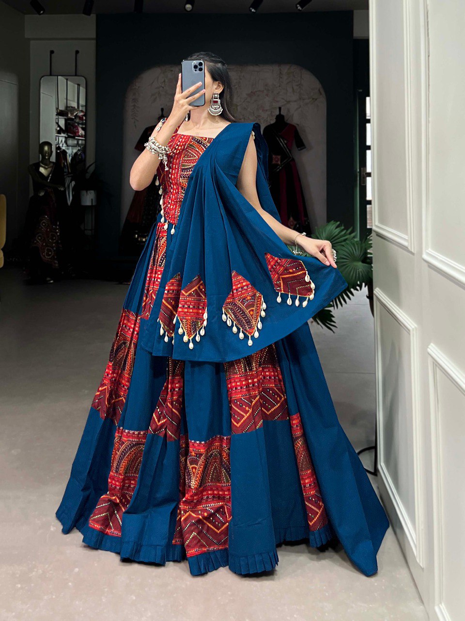 Lorenvalley Rama Pure Cotton Plain And Printed With Foil Work Lehenga Choli with Dupatta | Swadesiicart