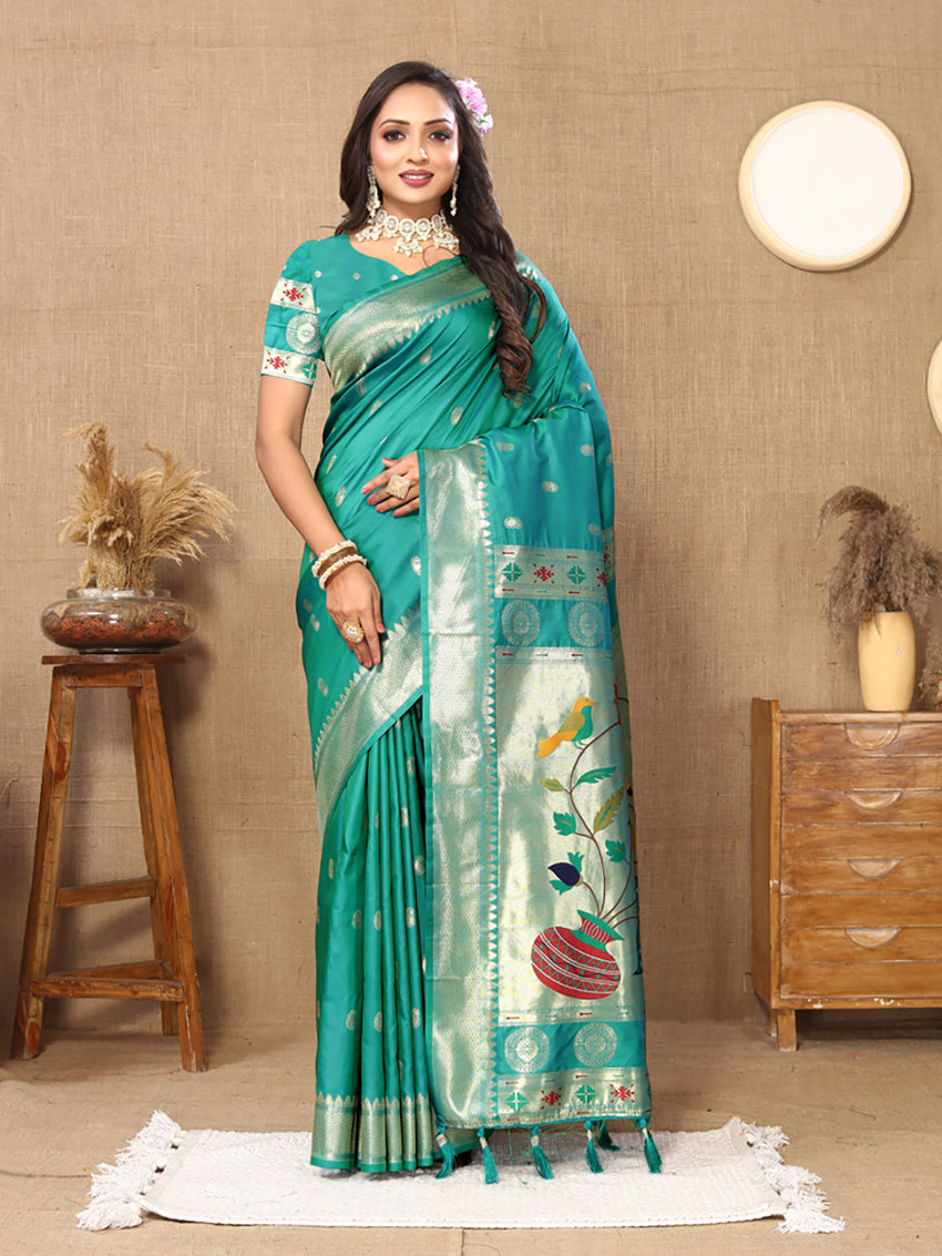 Lorenvalley Fashion Rama Soft Paithani Silk Woven Design Rich Zari Meenakari Weaving Saree - Swadesiicart