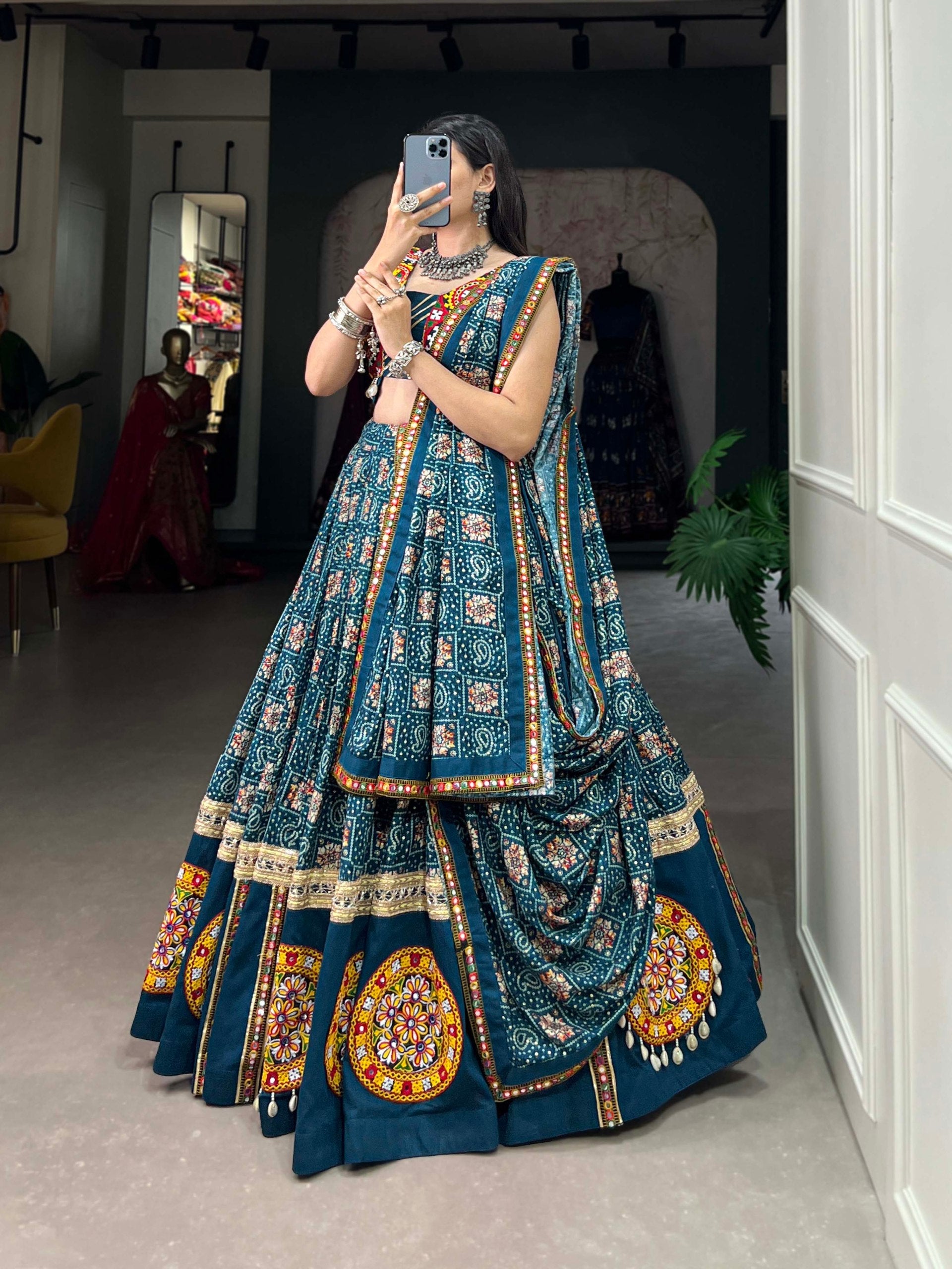 Lorenvalley Rama Pure Rayon Navratri Chaniya Choli, Complete With Sophisticated Printed Foil Work And Gamthi Patch & Lace Touch-Up | Swadesiicart