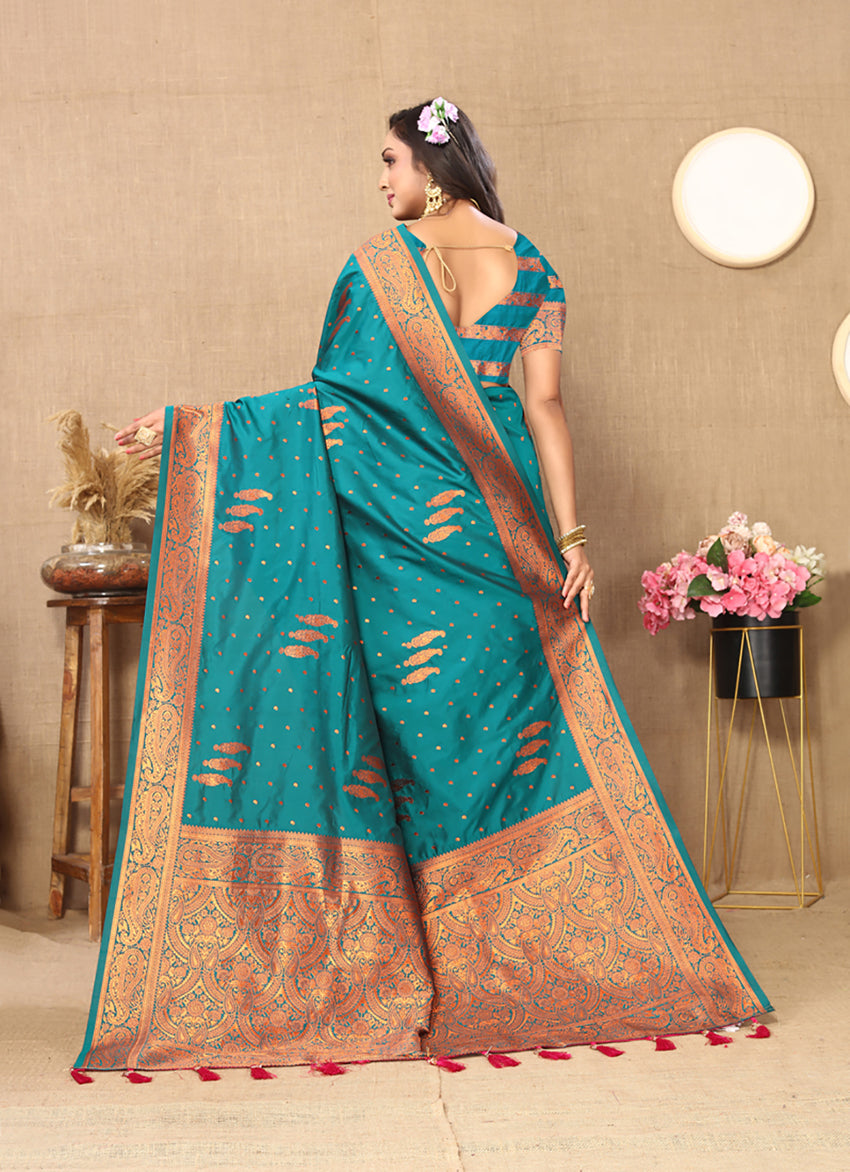 Lorenvalley Fashion Rama Soft Silk Copper Zari weaving Design Saree - Swadesiicart