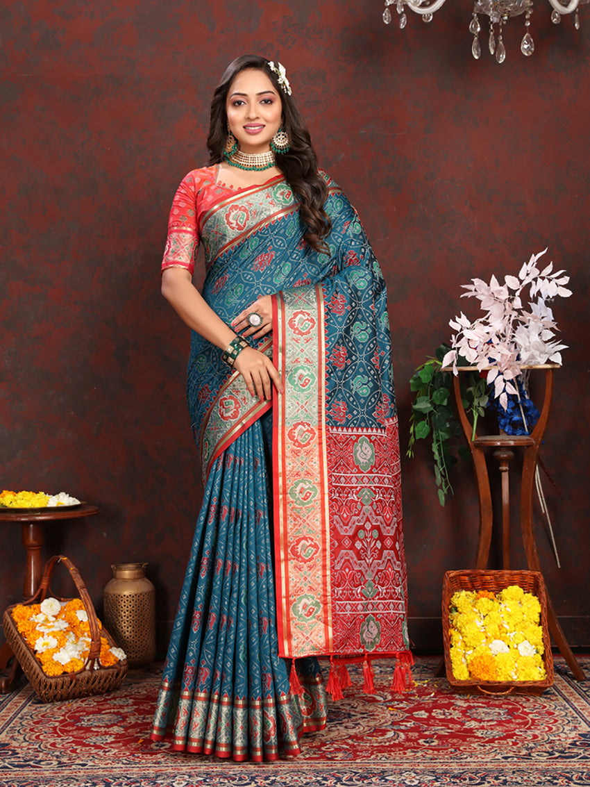 Lorenvalley Fashion Rama Patola Silk Woven Design with Zari Meenakari Weaving motifs Pallu Saree - Swadesiicart