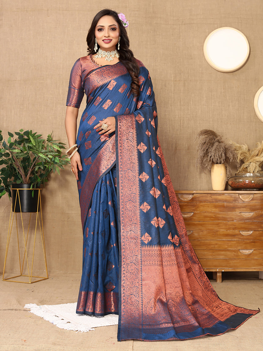 Lorenvalley Fashion Rama Soft Katan Silk Woven Design Copper Zari Weaving Saree - Swadesiicart