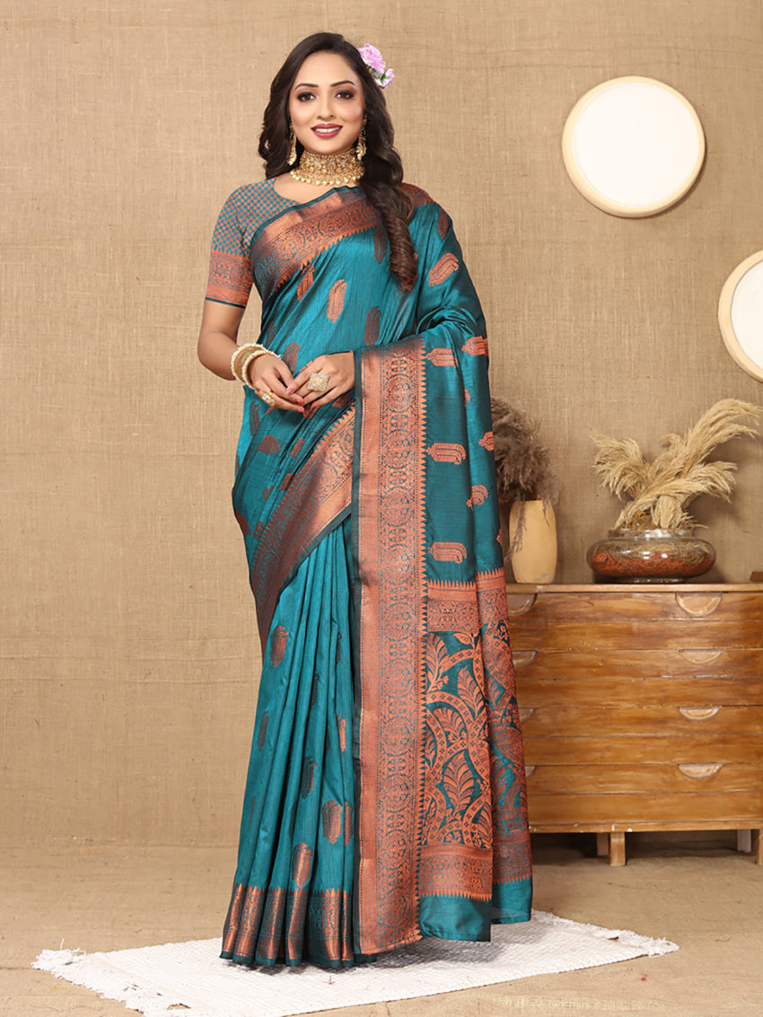 Lorenvalley Fashion Rama Soft Katan Silk Woven Design Copper Zari Weaving Saree - Swadesiicart