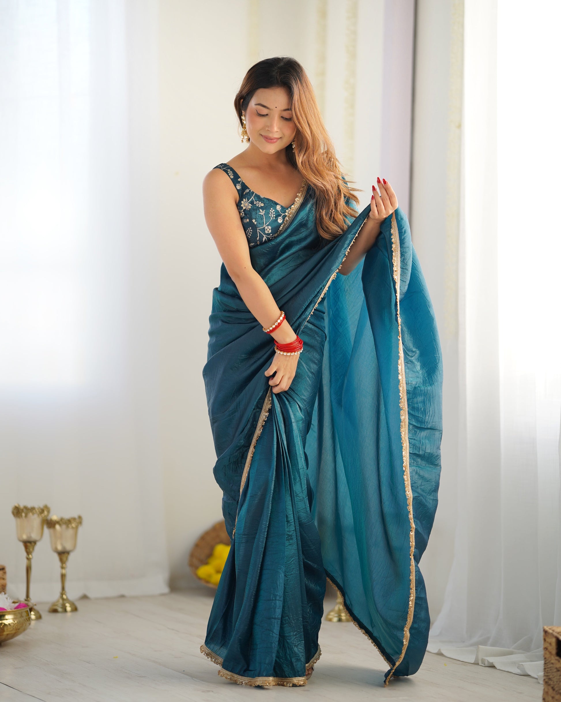Lorenvalley Ready to wear Crush Tissue Silk Fabric Fancy Border Premium Lace Work Predrapped Saree - Swadesiicart