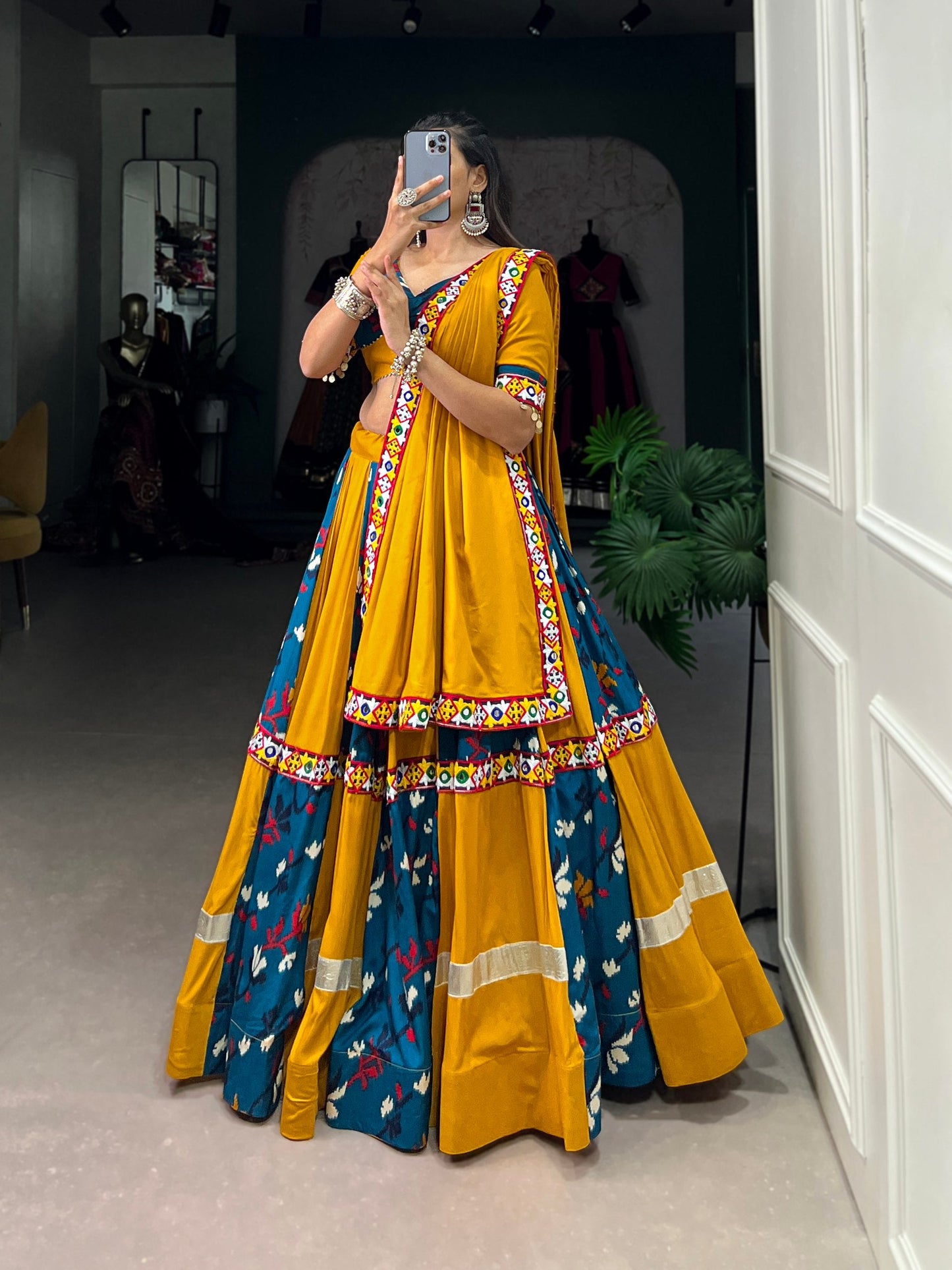 Lorenvalley Rayon Yellow and Rama with Printed Silk Original Mirror Gamthi Work and Embossed Design Gota Lehenga Choli with Dupatta | Swadesiicart