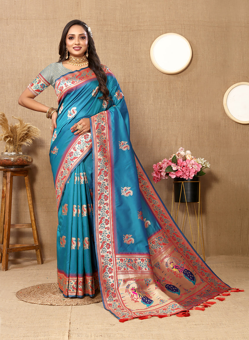 Lorenvalley Fashion Rama Soft Paithani Silk Woven Design Rich Meenakari Zari Weaving Pallu Saree - Swadesiicart