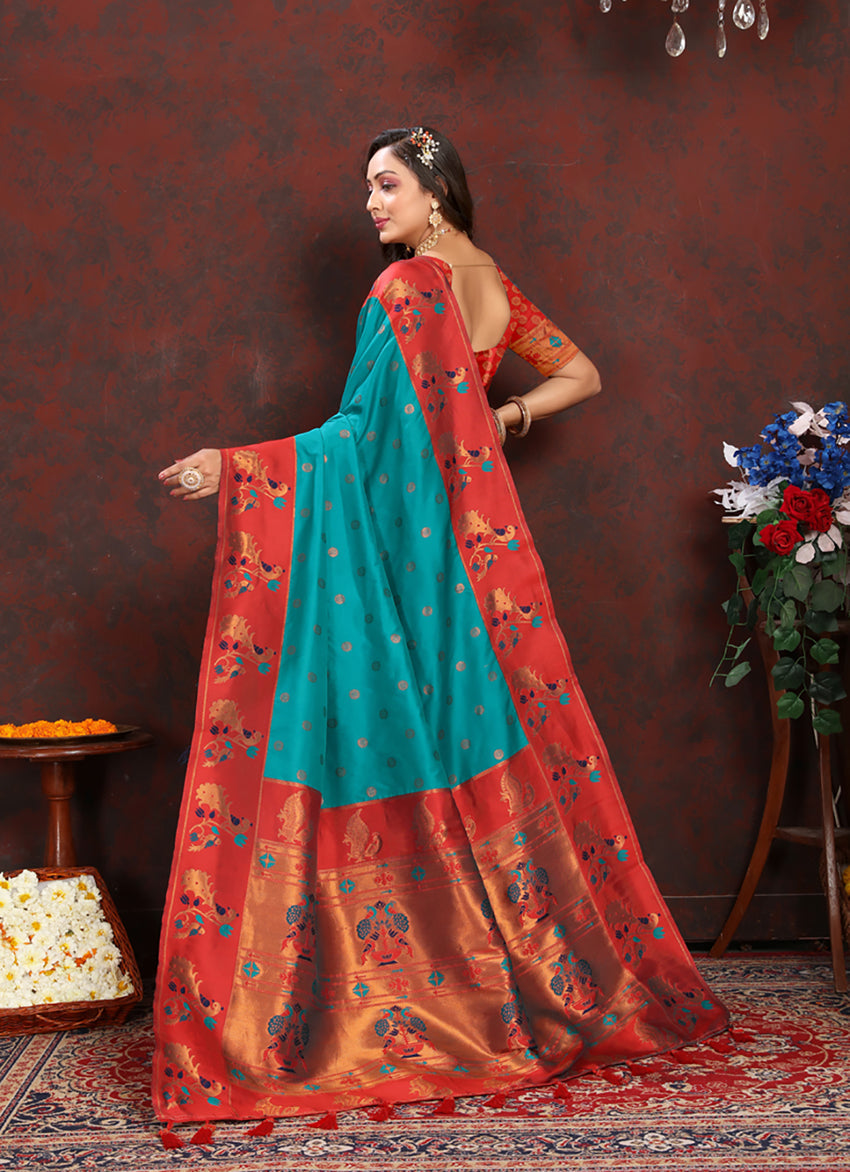 Lorenvalley Fashion Rama Soft Paithani Silk Woven Design Rich Zari Meenakari Weaving Saree - Swadesiicart