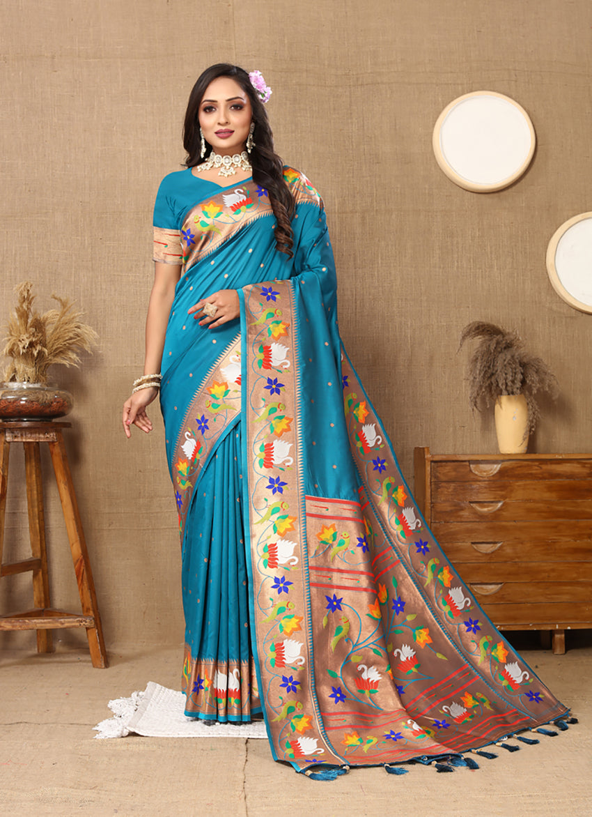 Lorenvalley Fashion Rama Soft Paithani Silk Woven Design Rich Zari Meenakari Weaving Saree - Swadesiicart