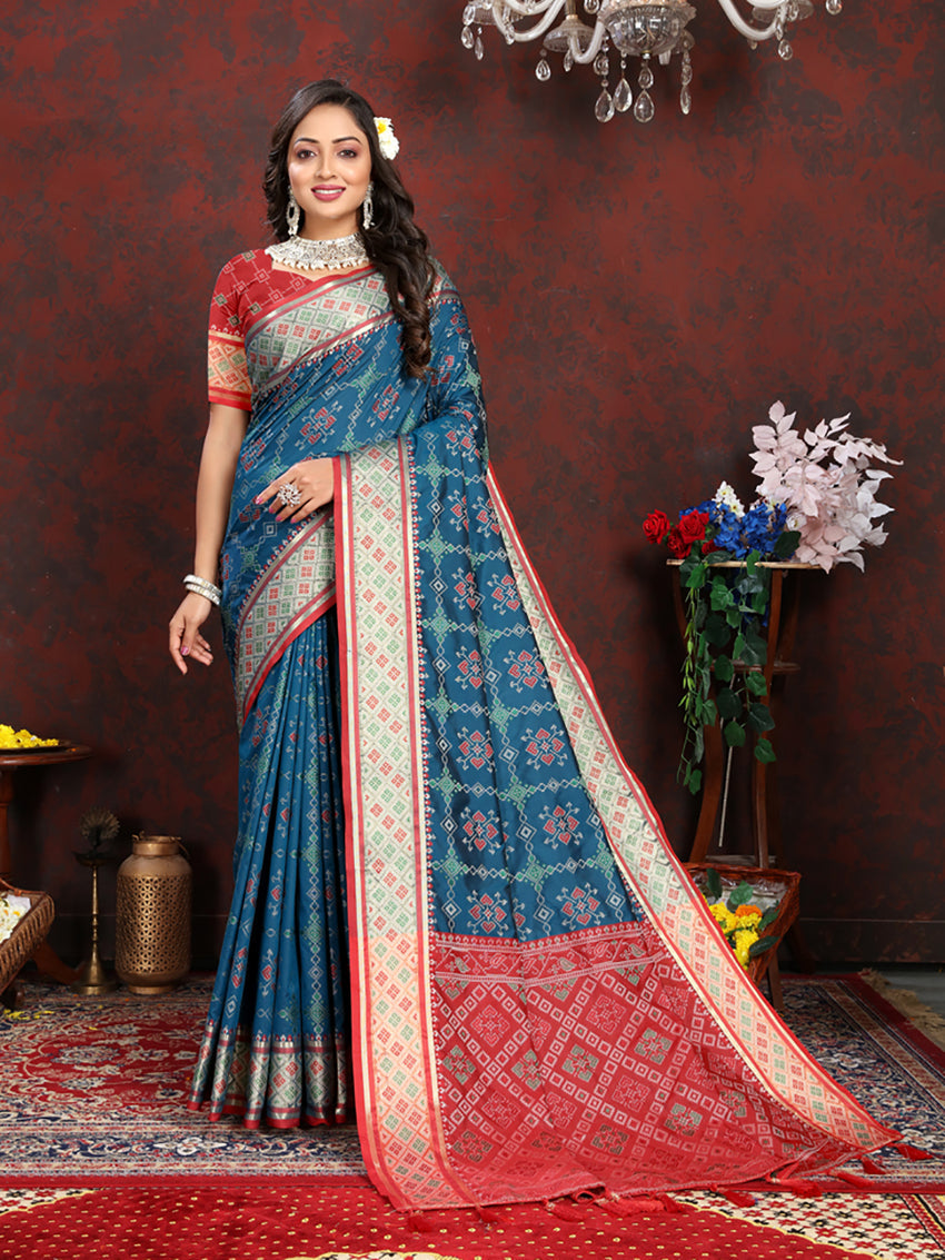 Lorenvalley Fashion Rama Patola Silk Woven Design with Zari Meenakari Weaving motifs Pallu Saree - Swadesiicart