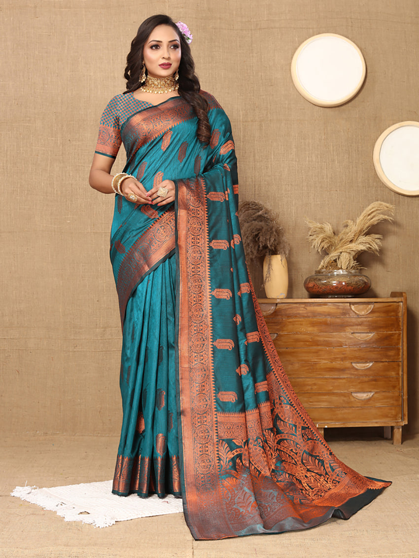 Lorenvalley Fashion Rama Soft Katan Silk Woven Design Copper Zari Weaving Saree - Swadesiicart