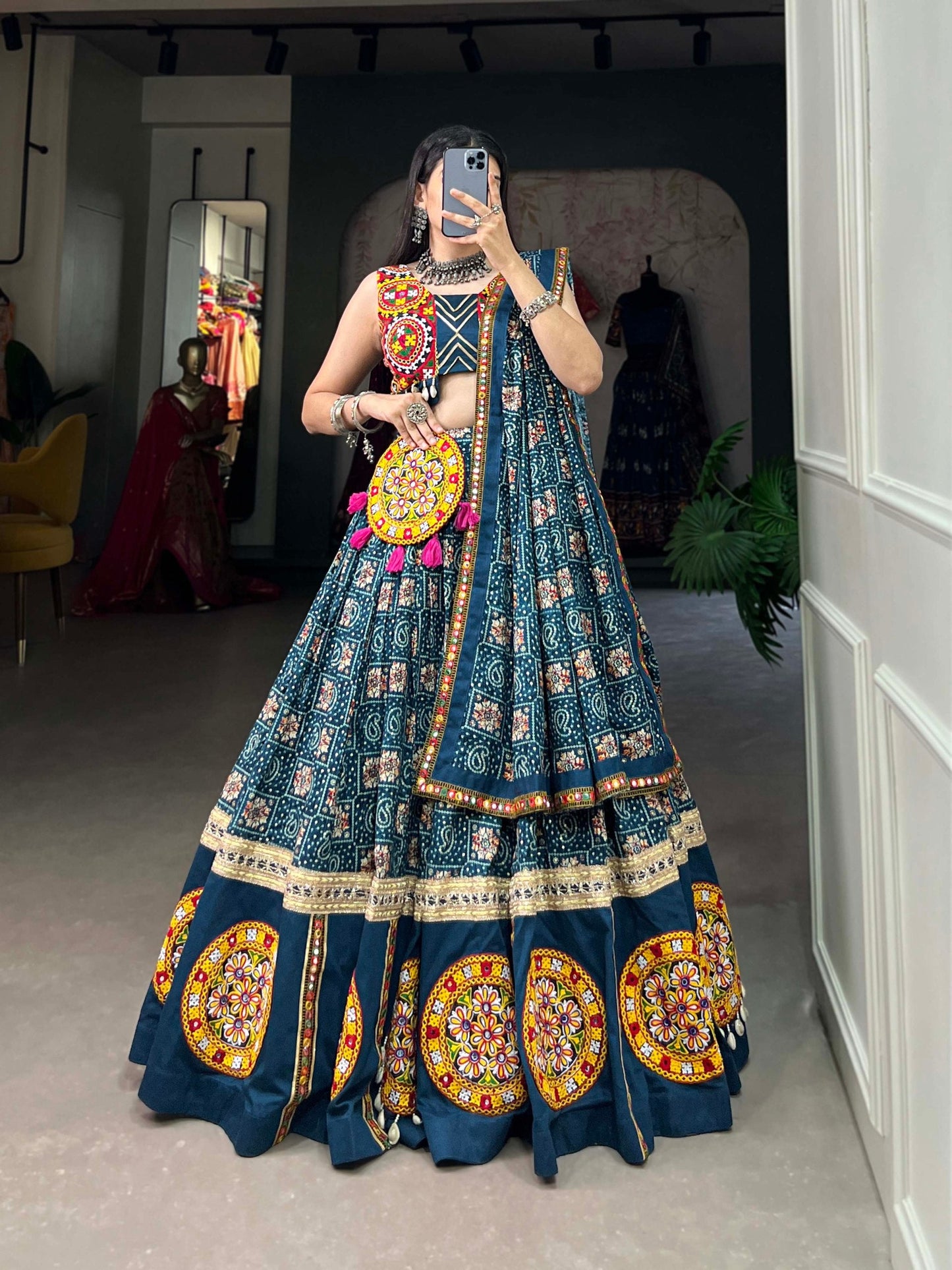 Lorenvalley Rama Pure Rayon Navratri Chaniya Choli, Complete With Sophisticated Printed Foil Work And Gamthi Patch & Lace Touch-Up | Swadesiicart