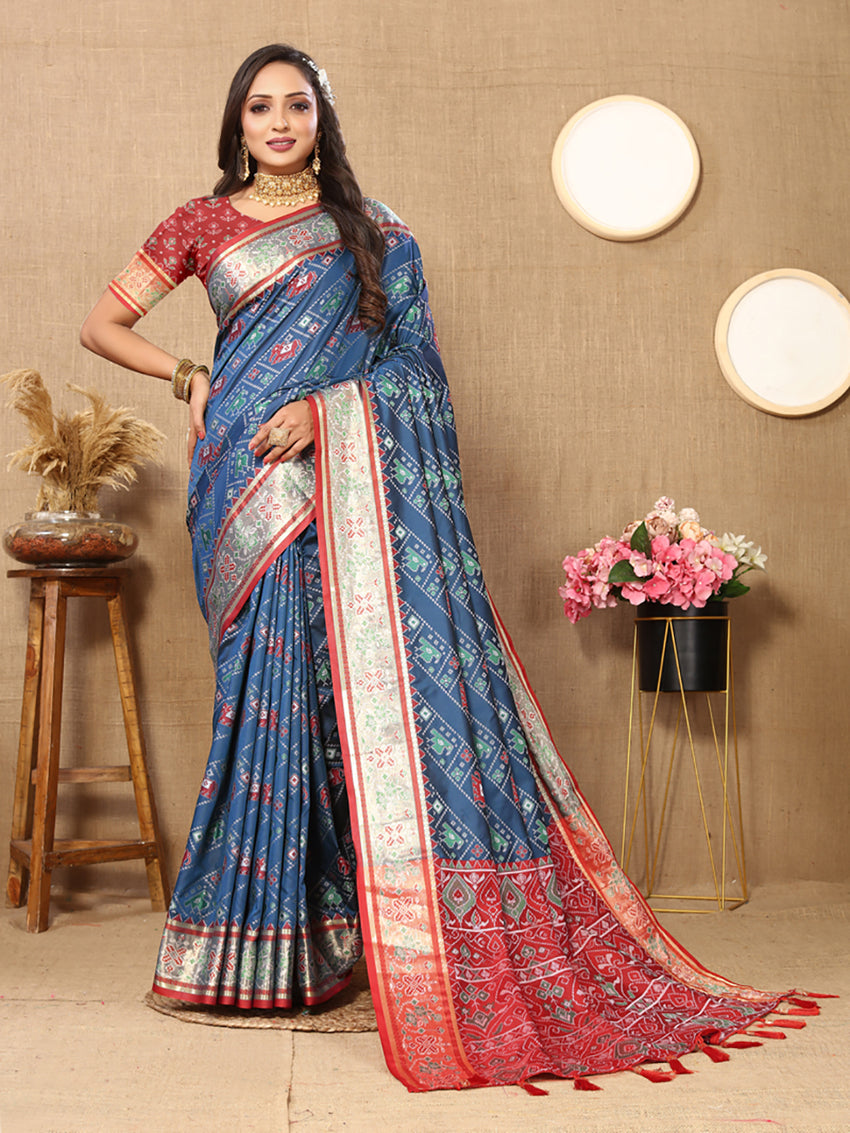 Lorenvalley Fashion Rama Patola Silk Woven Design with Zari Meenakari Weaving motifs Pallu Saree - Swadesiicart