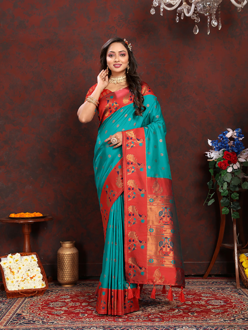 Lorenvalley Fashion Rama Soft Paithani Silk Woven Design Rich Zari Meenakari Weaving Saree - Swadesiicart