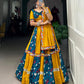 Lorenvalley Yellow and Rama Rayon with Printed Silk Original Mirror Gamthi Work and Embossed Design Gota Lehenga Choli with Dupatta | Swadesiicart