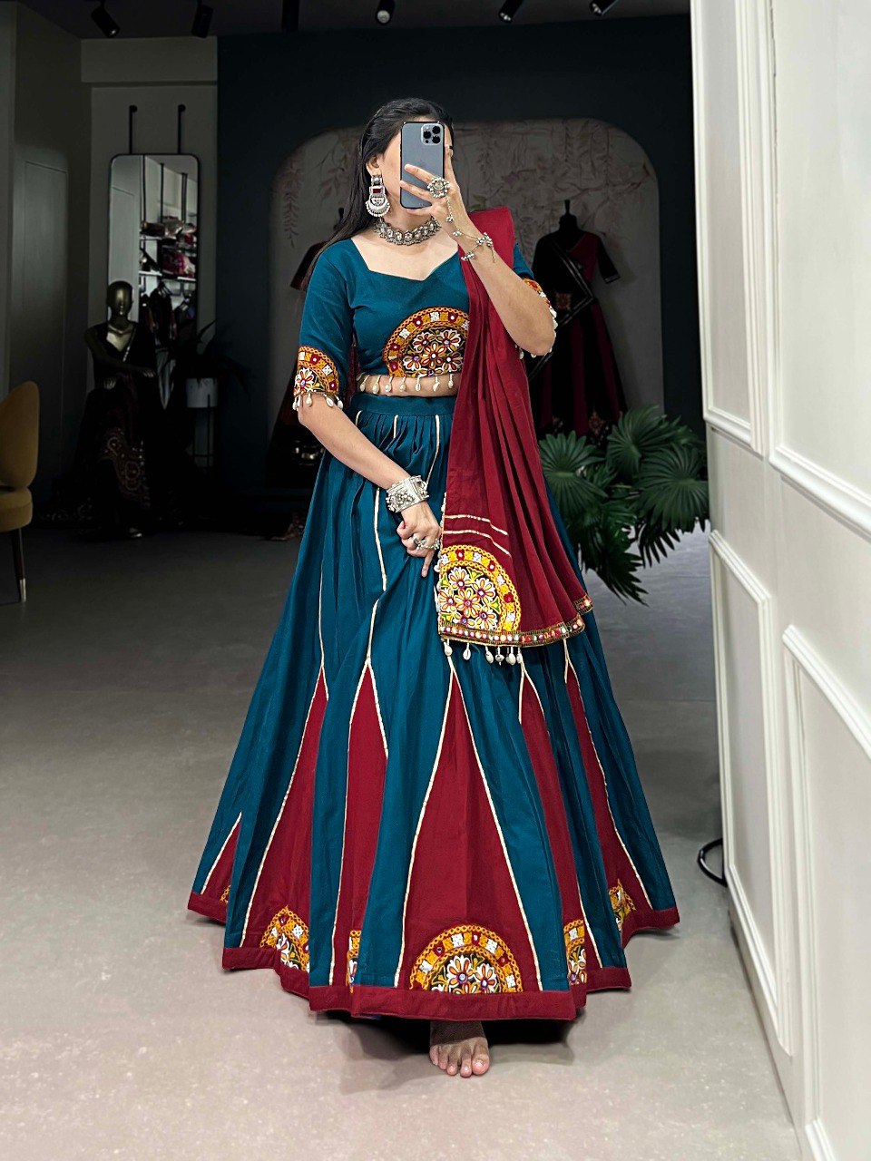 Lorenvalley Pure Cotton Rama Plain And Gamthi Patch Work With Gota Patti Lehenga Choli with Dupatta | Swadesiicart