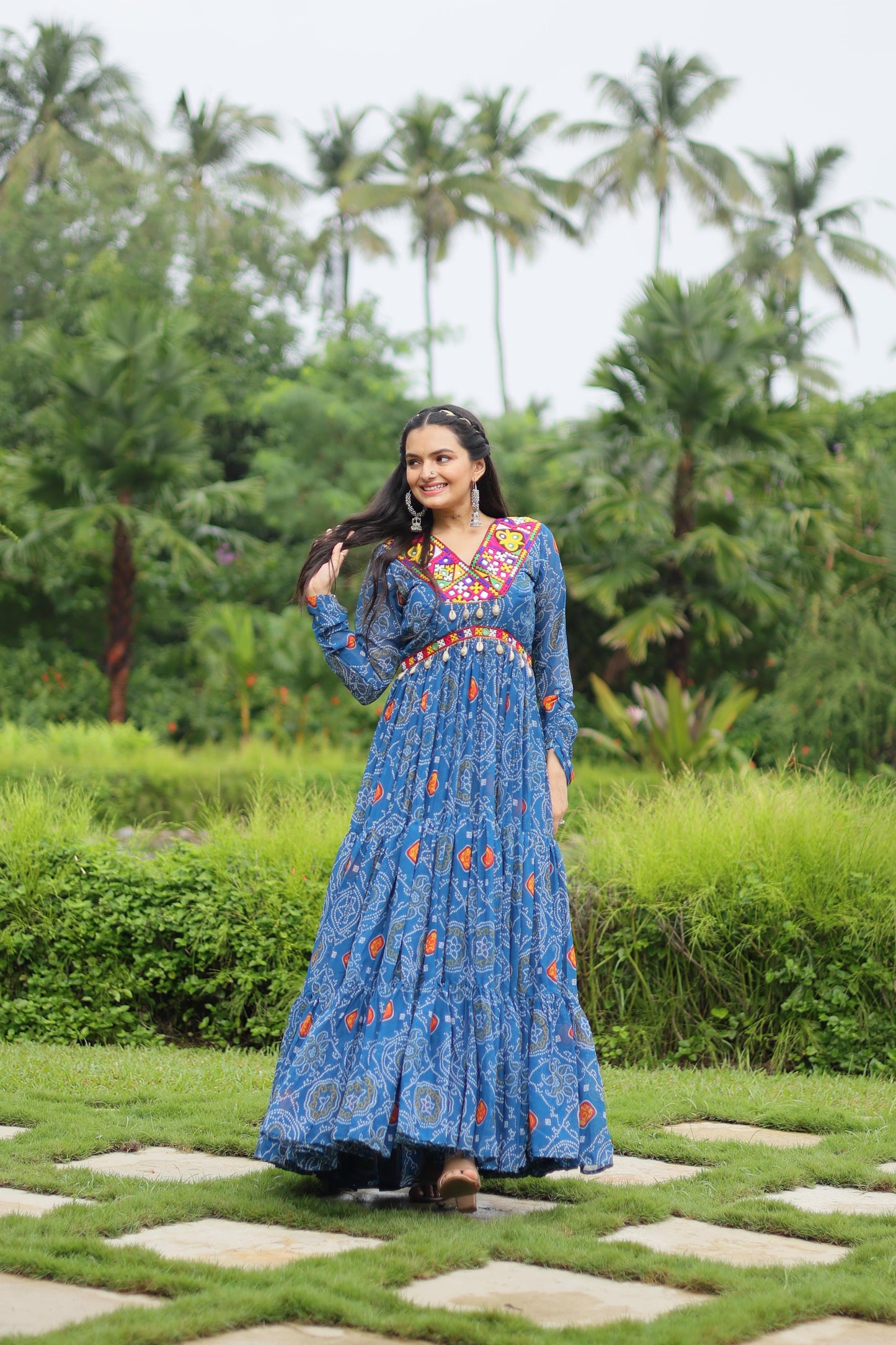 Lorenvalley Rama Faux Georgette Bandhani Print Work With Kutchi Patch Work Gown | Swadesiicart