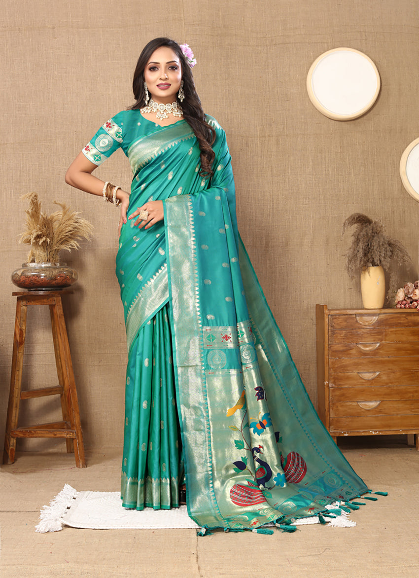 Lorenvalley Fashion Rama Soft Paithani Silk Woven Design Rich Zari Meenakari Weaving Saree - Swadesiicart