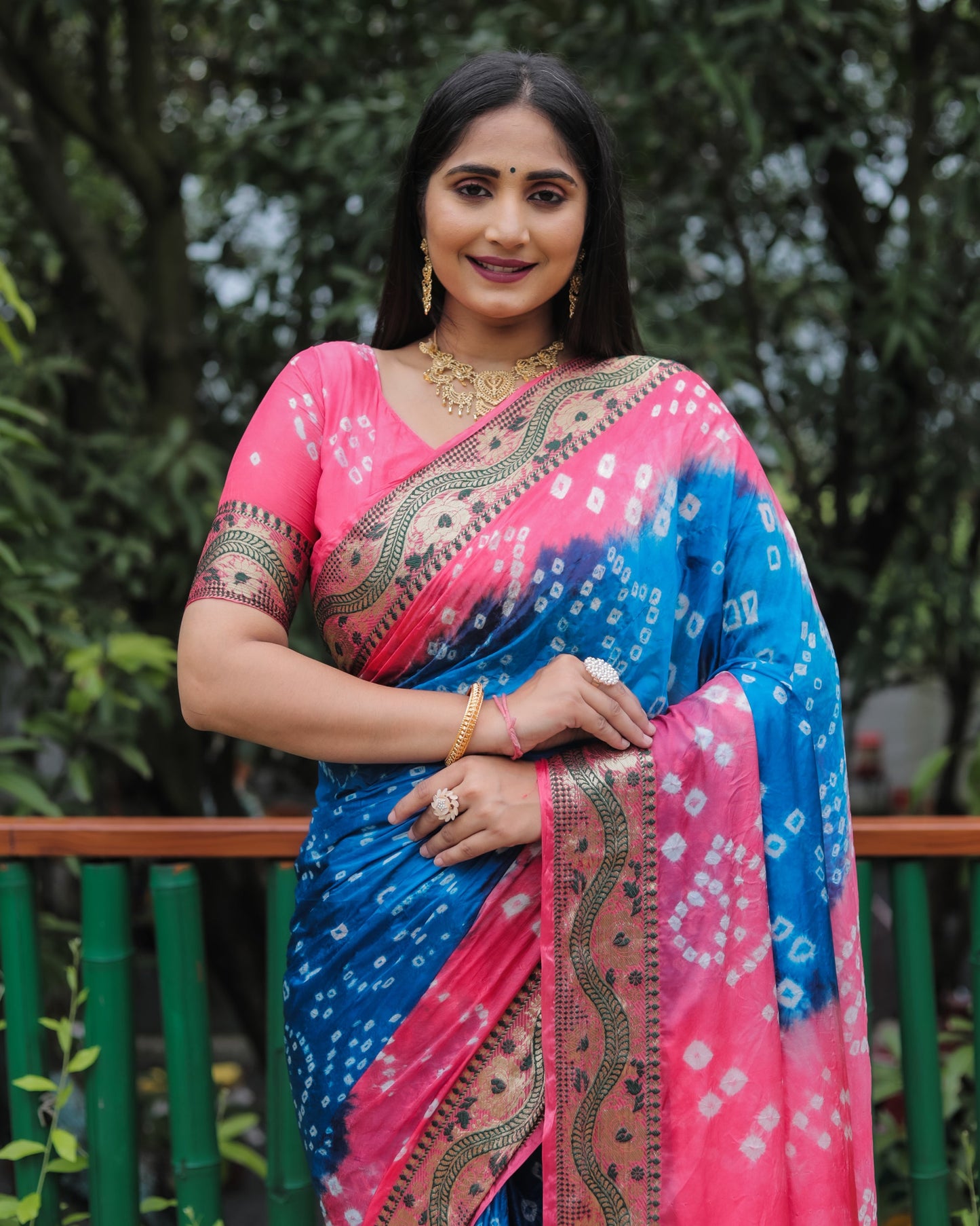 Lorenvalley Premium Pure Bandhej Tapeta Soft light weight silk saree with zari weaving Border - Multicolor - Swadesiicart