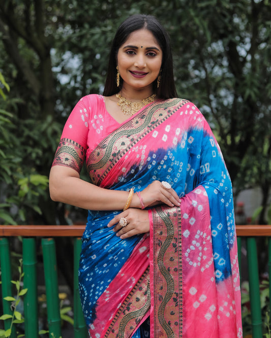 Lorenvalley Premium Pure Bandhej Tapeta Soft light weight silk saree with zari weaving Border - Multicolor - Swadesiicart