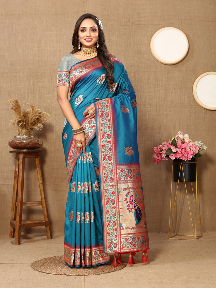 Lorenvalley Fashion Rama Soft Paithani Silk Woven Design Rich Meenakari Zari Weaving Pallu Saree - Swadesiicart