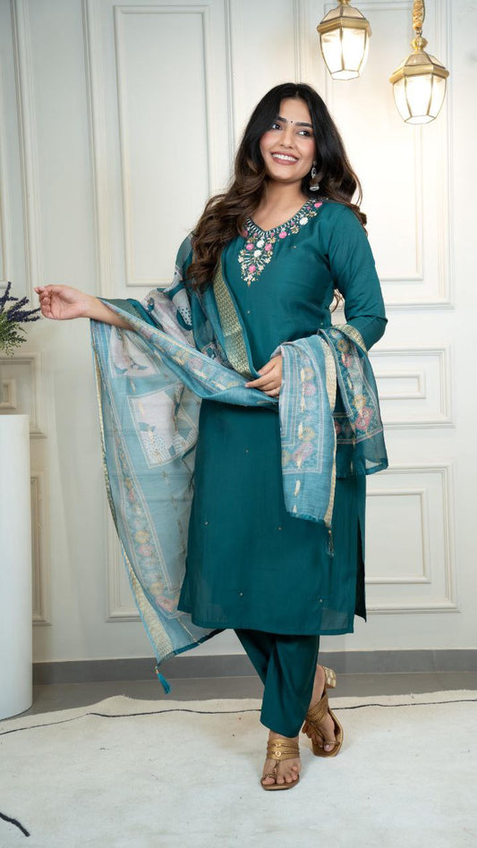 Lorenvalley Fashion Rama Roman Silk Hand Work Kurta Pant with Dupatta - Swadesiicart