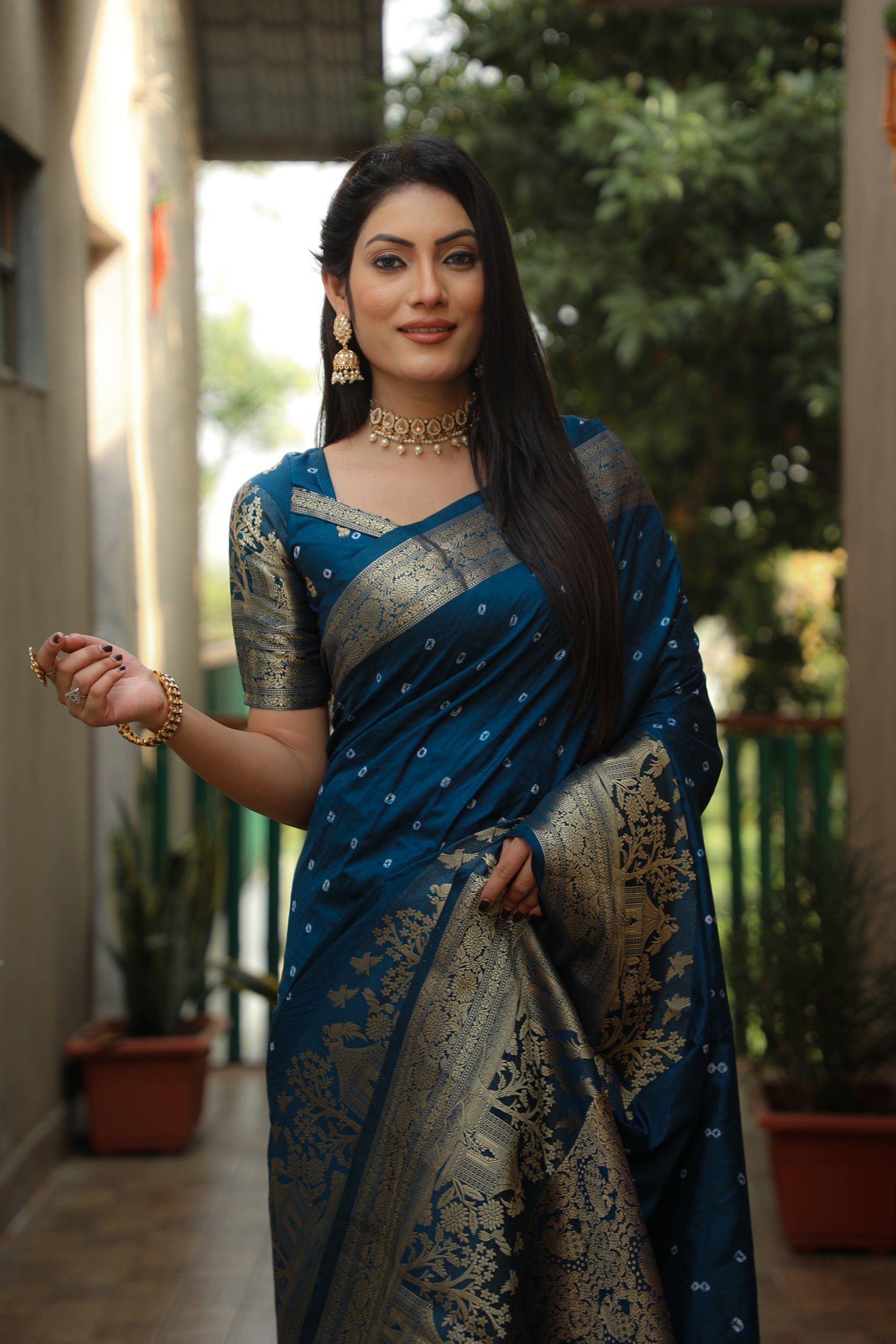 Lorenvalley Premium Pure Handmade Bandhej Kanjivaram silk saree with Zari Weaving Rich Pallu saree - Rama - Swadesiicart