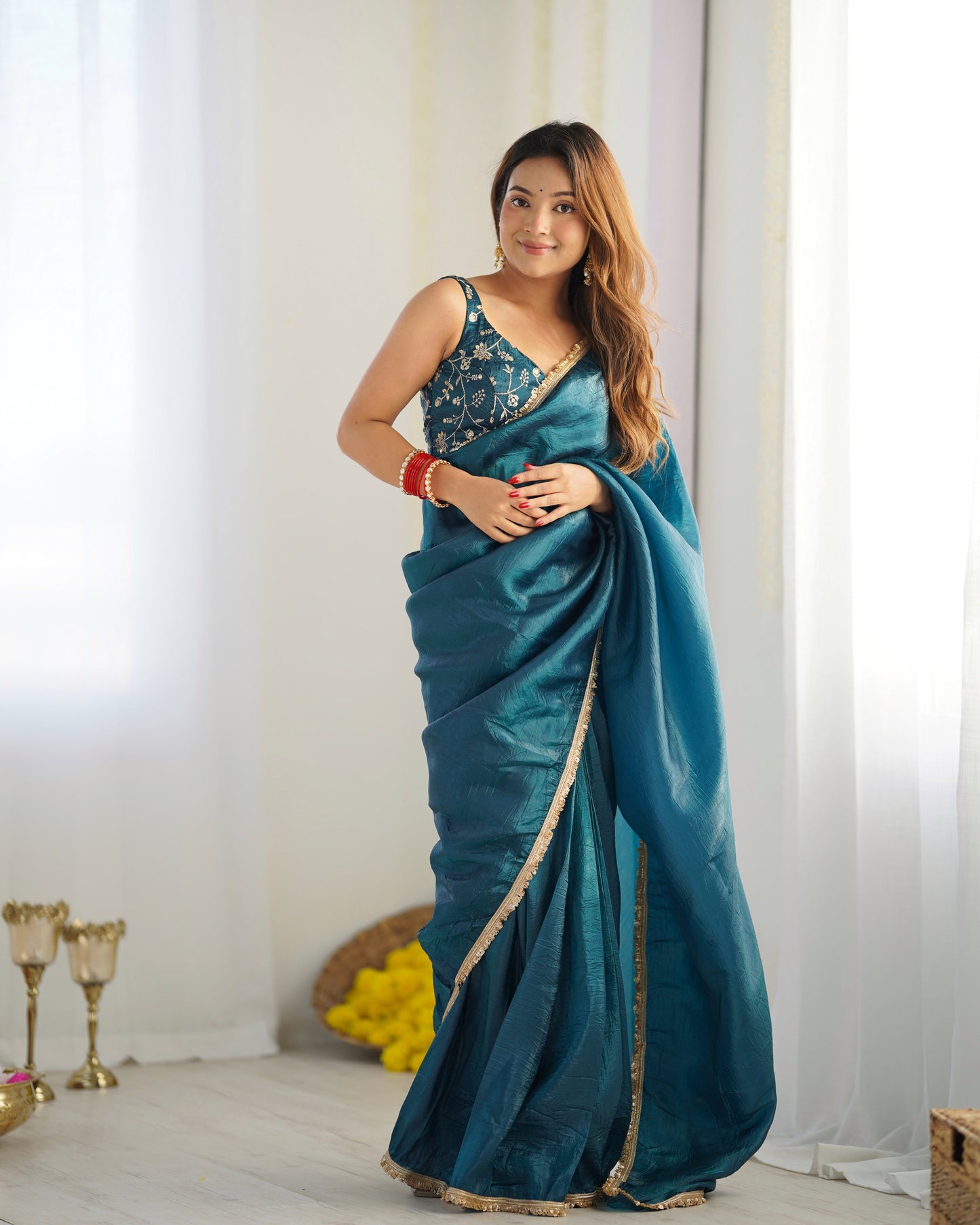 Lorenvalley Ready to wear Crush Tissue Silk Fabric Fancy Border Premium Lace Work Predrapped Saree - Swadesiicart