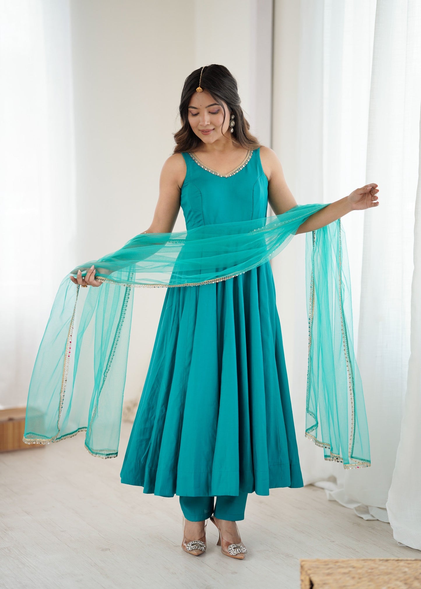 Lorenvalley Fashion Rama Pure Roman Silk Chanderi Fabric Yoke Fancy Lace Work Anarkali Kurta Pant With Dupatta Set - Swadesiicart